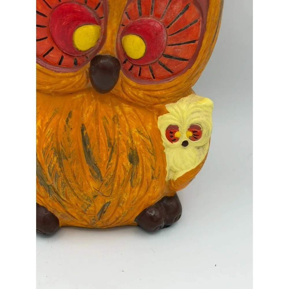 Vintage 1974 Large Owl With Baby Figurine Signed RZ Hand Painted Folk Art 10